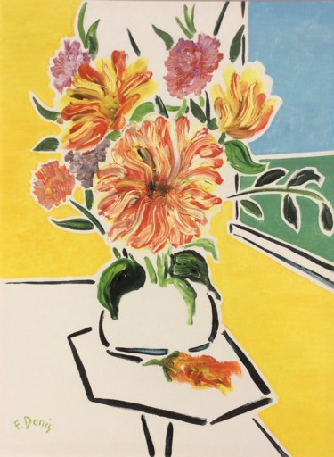 Peinture intitulée "Bouquet sur fond ja…" par Francis Denis, Œuvre d'art originale, Huile