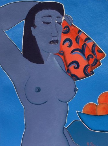 Peinture intitulée "Nu à l'étoffe rouge" par Francis Denis, Œuvre d'art originale