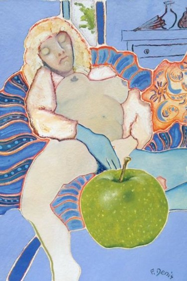 Peinture intitulée "Nu à la pomme" par Francis Denis, Œuvre d'art originale