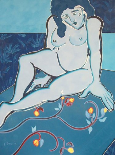 Peinture intitulée "Grand nu bleu" par Francis Denis, Œuvre d'art originale