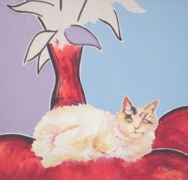 Peinture intitulée "Chat au vase rouge" par Francis Denis, Œuvre d'art originale