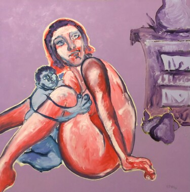 Peinture intitulée "Maternité sur fond…" par Francis Denis, Œuvre d'art originale, Huile Monté sur Panneau de bois