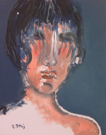 Painting titled "Visage sur fond bleu" by Francis Denis, Original Artwork, Oil