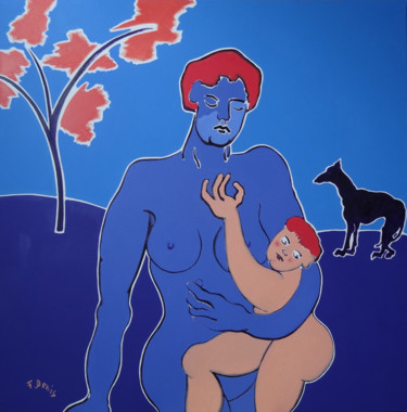 Peinture intitulée "Maternité au chien…" par Francis Denis, Œuvre d'art originale, Huile