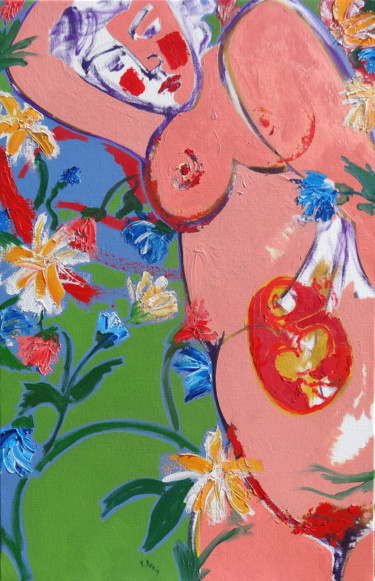 Peinture intitulée "Maternité aux fleurs" par Francis Denis, Œuvre d'art originale, Huile