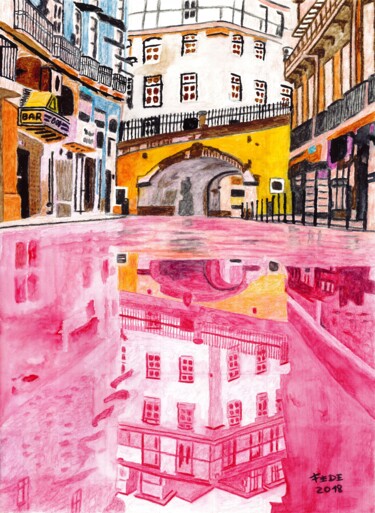 Pintura titulada "Pink Street" por Federico José Rivas Moreno, Obra de arte original, Acuarela