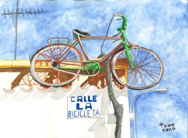 Картина под названием "Calle La Bicicleta" - Federico José Rivas Moreno, Подлинное произведение искусства, Акварель