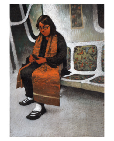Painting titled "Dans le métro" by Federico Milano, Original Artwork, Pastel Mounted on Cardboard