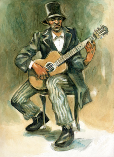 Pintura intitulada "Guitariste" por Federico Milano, Obras de arte originais, Aquarela