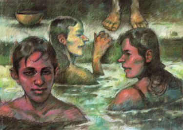 Drawing titled "Dans la piscine" by Federico Milano, Original Artwork, Pastel