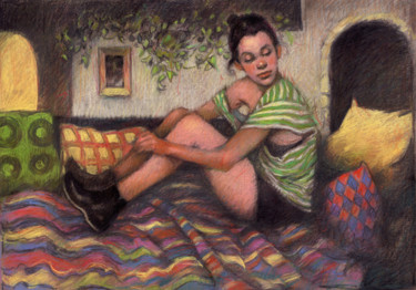 Desenho intitulada "Le sofa de couleur" por Federico Milano, Obras de arte originais, Pastel