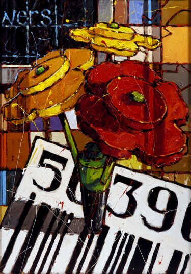 Schilderij getiteld "Plastic flowers" door Federico Pisciotta, Origineel Kunstwerk, Olie Gemonteerd op Frame voor houten bra…