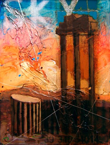Painting titled "Rovine al tramonto" by Federico Pisciotta, Original Artwork, Oil Mounted on Wood Stretcher frame