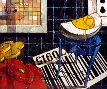 Картина под названием "Lo sgabello blu" - Federico Pisciotta, Подлинное произведение искусства, Масло Установлен на Деревянн…