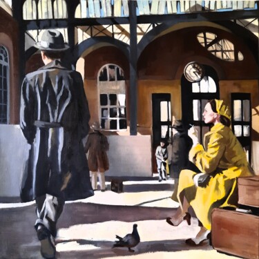 Painting titled "Pennsylvania Station" by Federika Di Maggio, Original Artwork, Oil Mounted on Wood Stretcher frame