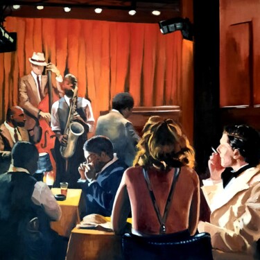 Painting titled "Village Vanguard" by Federika Di Maggio, Original Artwork, Oil Mounted on Wood Stretcher frame