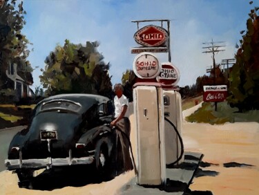 Painting titled "A full tank of fuel" by Federika Di Maggio, Original Artwork, Oil Mounted on Wood Stretcher frame