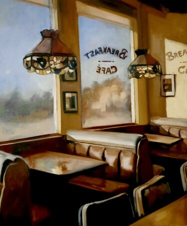 Painting titled "Breakfast in America" by Federika Di Maggio, Original Artwork, Oil Mounted on Wood Stretcher frame