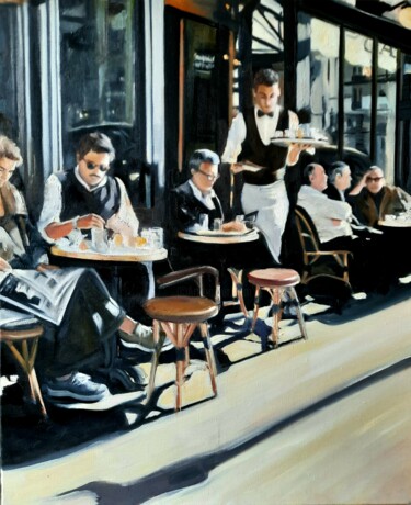Painting titled "ON SE PREND UN CAFÉ…" by Federika Di Maggio, Original Artwork, Oil Mounted on Wood Stretcher frame