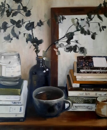 Painting titled "TEA TIME" by Federika Di Maggio, Original Artwork, Oil Mounted on Wood Stretcher frame