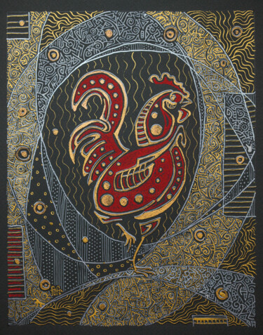 Рисунок под названием "The rooster" - Fefa Koroleva, Подлинное произведение искусства, Чернила