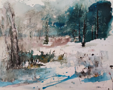 Painting titled "Walk in the snow" by Jan Fekete, Original Artwork, Acrylic