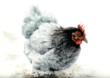 Ζωγραφική με τίτλο "poule.jpg" από Feldrik Rivat, Αυθεντικά έργα τέχνης, Ακουαρέλα