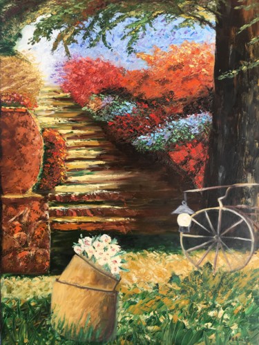 Картина под названием "JARDIN FLEURI" - Felicia Butel, Подлинное произведение искусства, Масло Установлен на Деревянная рама…