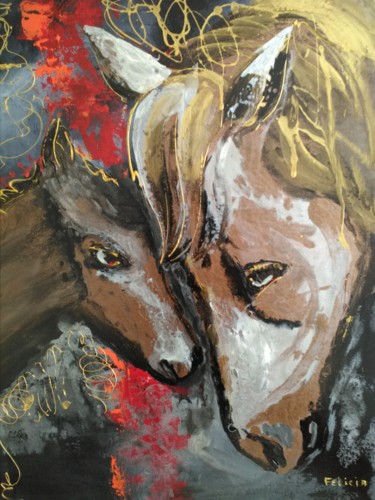 Painting titled "JUMENT ET SON POULA…" by Felicia Butel, Original Artwork, Oil Mounted on Wood Stretcher frame
