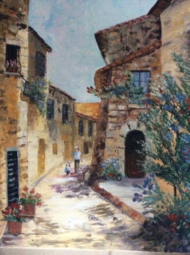 Painting titled "RUE MEDIEVALE" by Felicia Butel, Original Artwork, Oil Mounted on Wood Stretcher frame