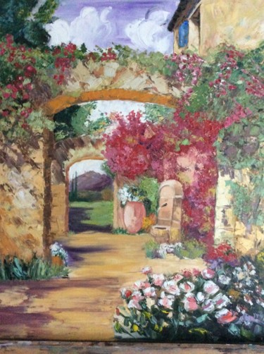 Painting titled "ARCHE FLEURIE" by Felicia Butel, Original Artwork, Oil Mounted on Wood Stretcher frame