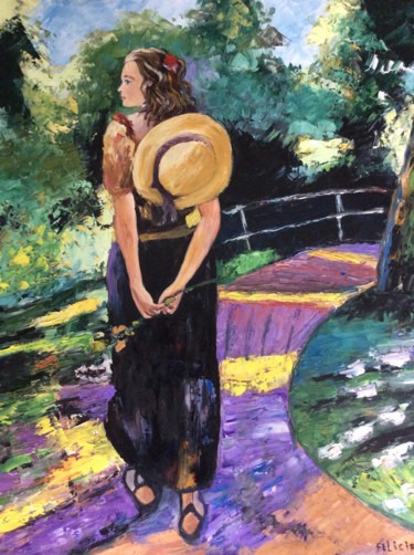 Painting titled "DAME AU CHAPEAU dan…" by Felicia Butel, Original Artwork, Oil Mounted on Wood Stretcher frame
