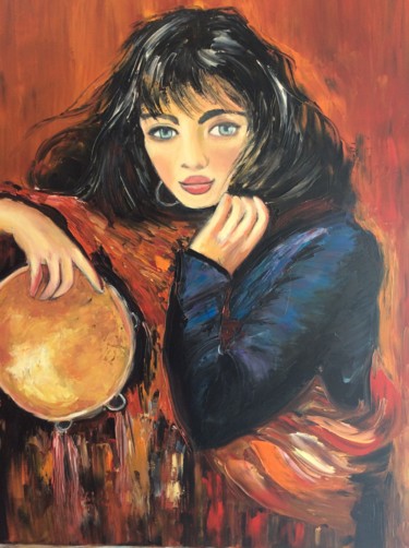 Painting titled "jeune fille au tamb…" by Felicia Butel, Original Artwork, Oil Mounted on Wood Stretcher frame