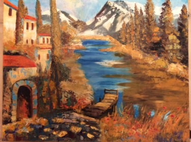 Painting titled "Lac de montagne" by Felicia Butel, Original Artwork, Oil