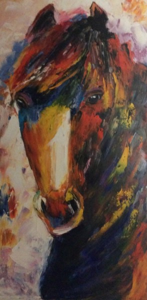 Painting titled "cheval couleurs mul…" by Felicia Butel, Original Artwork, Oil Mounted on Wood Stretcher frame