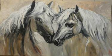 Painting titled "Chevaux Camarguais" by Felicia Butel, Original Artwork, Oil Mounted on Wood Stretcher frame