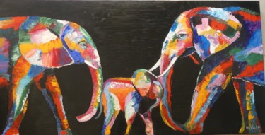 Painting titled "Famille d'éléphants." by Felicia Butel, Original Artwork, Oil Mounted on Wood Stretcher frame