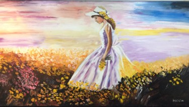Painting titled "Jeune fille cueilla…" by Felicia Butel, Original Artwork, Oil