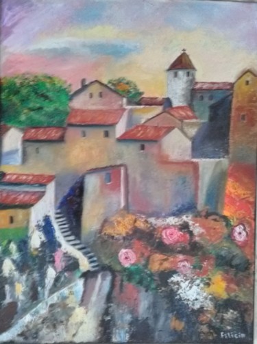 Peinture intitulée "village provencal" par Felicia Butel, Œuvre d'art originale, Huile