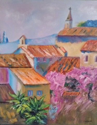 Painting titled "Clocher de village" by Felicia Butel, Original Artwork, Oil