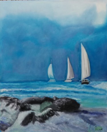 Peinture intitulée "Trois voiliers" par Felicia Butel, Œuvre d'art originale, Huile