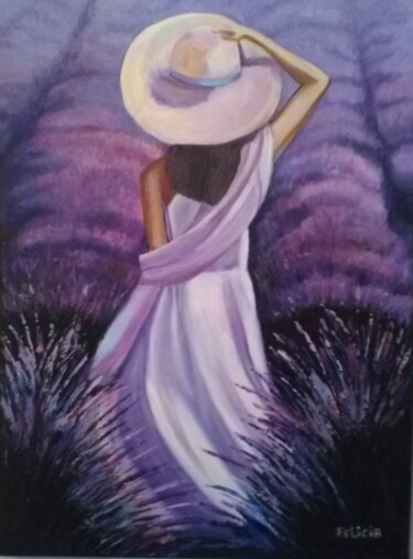 Painting titled "Jeune fille  champ…" by Felicia Butel, Original Artwork, Oil