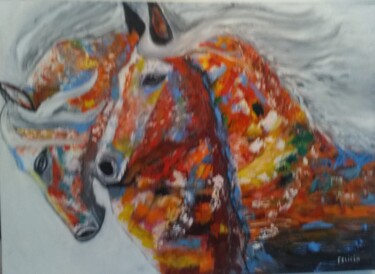 Painting titled "Chevaux multicolores" by Felicia Butel, Original Artwork, Oil