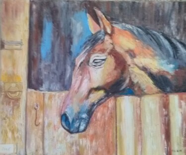 Painting titled "cheval à l'écurie" by Felicia Butel, Original Artwork, Oil
