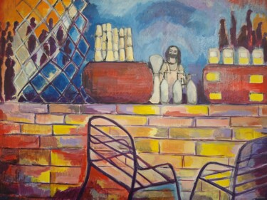 Painting titled "Airport Barista" by Felicia Stockdale, Original Artwork, Oil Mounted on Wood Stretcher frame