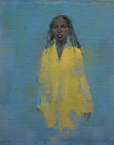 Schilderij getiteld "Chantal in Yellow" door Felipe Echevarria, Origineel Kunstwerk, Olie