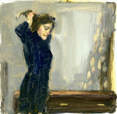 Pittura intitolato "Woman Tying Her Hair" da Felipe Echevarria, Opera d'arte originale, Acquarello