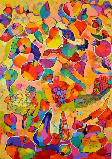 Painting titled "Fruits" by Vyara&Art, Original Artwork, Oil Mounted on Wood Stretcher frame