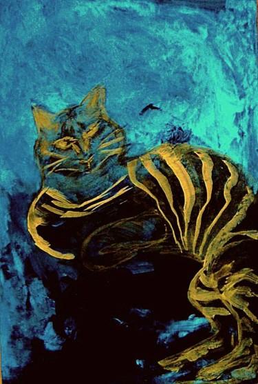 Painting titled "Лунный кот." by Irina Dubinina, Original Artwork, Tempera