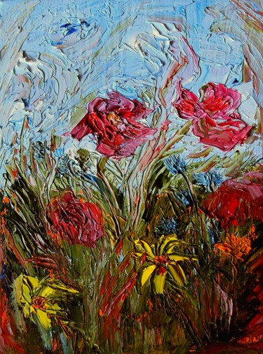 Painting titled "Алые цветы." by Irina Dubinina, Original Artwork, Oil